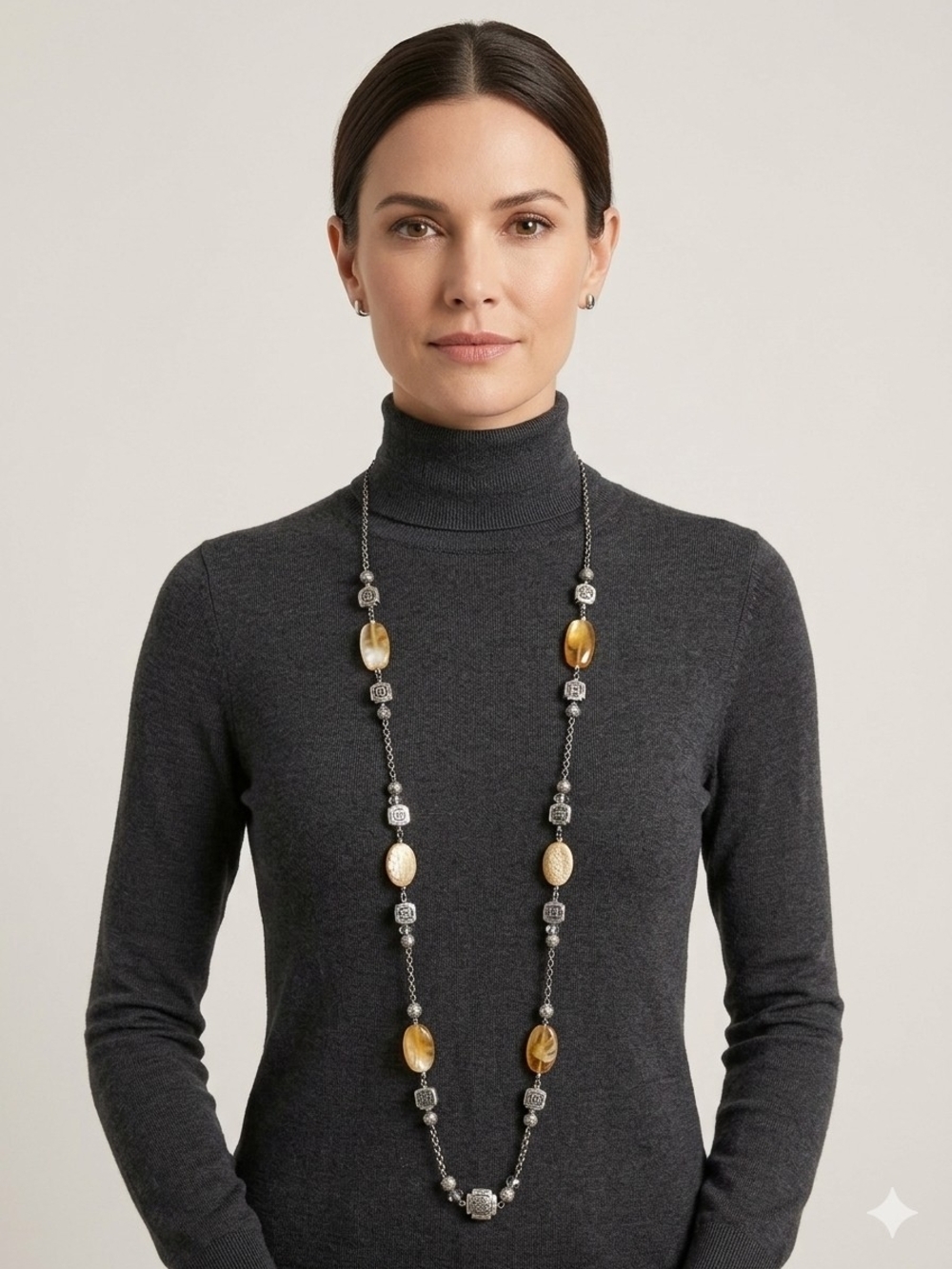 Long Beaded Necklace with Amber Pearlescent Accents